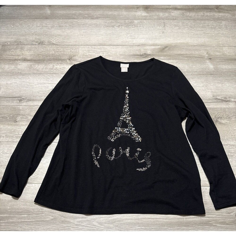 Chico's Black Long Sleeve T Shirt Paris Eiffel Tower Gems Pearls Studs Size 1 M